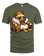 Cool King Duck Boombox T-Shirt Funny Hip Hop Cartoon Tee - military green t-shirt on white background