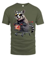 Cool Raccoon Shopping Cart T-Shirt Funny Trash Panda Tee - military green t-shirt on white background