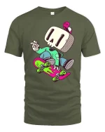 Skull Skater Cartoon T-Shirt Cool Skateboard Streetwear Tee - military green t-shirt on white background