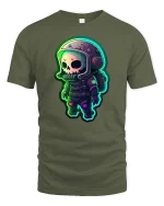 Neon Skull Astronaut T-Shirt Cute Space Sci-Fi Graphic Tee - military green t-shirt on white background
