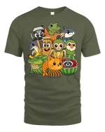 Cute Animal Friends Cartoon T-Shirt Funny Kids Style Graphic Tee - military green t-shirt on white background