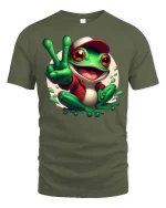 Peace Frog Cartoon T-Shirt Funny Cute Amphibian Graphic Tee - military green t-shirt on white background