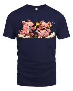 Funny Fighting Pigs Cartoon T-Shirt Cute Farm Animal Comic Tee - navy t-shirt on white background