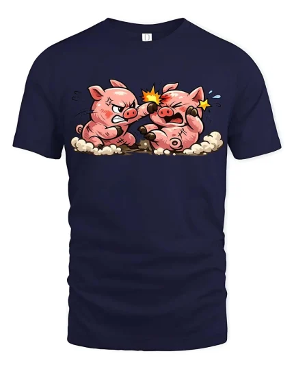 Funny Fighting Pigs Cartoon T-Shirt Cute Farm Animal Comic Tee - navy t-shirt on white background