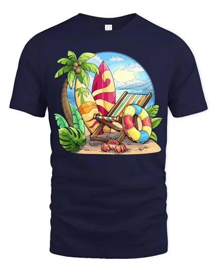 Tropical Beach Vacation T-Shirt Summer Surf Paradise Graphic Tee - navy t-shirt on white background