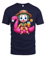 Funny Clown Summer Vacation T-Shirt Flamingo Pool Party Tee - navy t-shirt on white background