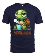 Funny Morning Turtle Coffee T-Shirt Cute Lazy Mood Tee - navy t-shirt on white background