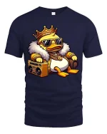 Cool King Duck Boombox T-Shirt Funny Hip Hop Cartoon Tee - navy t-shirt on white background