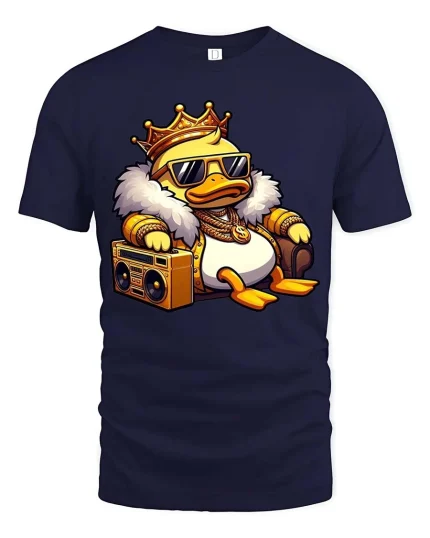 Cool King Duck Boombox T-Shirt Funny Hip Hop Cartoon Tee - navy t-shirt on white background