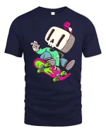 Skull Skater Cartoon T-Shirt Cool Skateboard Streetwear Tee - navy t-shirt on white background