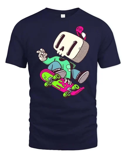Skull Skater Cartoon T-Shirt Cool Skateboard Streetwear Tee - navy t-shirt on white background