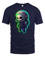 Neon Skull Astronaut T-Shirt Cute Space Sci-Fi Graphic Tee - navy t-shirt on white background