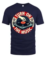 Turn On The Music Vintage Vinyl Record T-Shirt Retro DJ Tee - navy t-shirt on white background