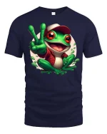 Peace Frog Cartoon T-Shirt Funny Cute Amphibian Graphic Tee - navy t-shirt on white background