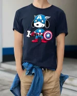 Superhero Dog Cartoon T-Shirt Funny Comic Hero Pup Tee - model wearing navy tee with hands in pockets