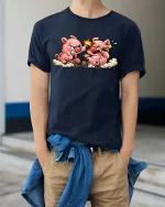 Funny Fighting Pigs Cartoon T-Shirt Cute Farm Animal Comic Tee - model wearing navy tee with hands in pockets
