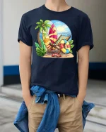 Tropical Beach Vacation T-Shirt Summer Surf Paradise Graphic Tee - model wearing navy tee with hands in pockets