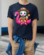 Funny Clown Summer Vacation T-Shirt Flamingo Pool Party Tee - model wearing navy tee with hands in pockets