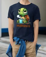 Funny Morning Turtle Coffee T-Shirt Cute Lazy Mood Tee - model wearing navy tee with hands in pockets