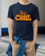 Chill Sleeping Bear T-Shirt Cute Relaxing Mood Graphic Tee - model wearing navy tee with hands in pockets