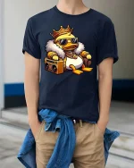 Cool King Duck Boombox T-Shirt Funny Hip Hop Cartoon Tee - model wearing navy tee with hands in pockets