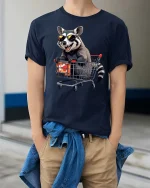 Cool Raccoon Shopping Cart T-Shirt Funny Trash Panda Tee - model wearing navy tee with hands in pockets