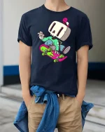 Skull Skater Cartoon T-Shirt Cool Skateboard Streetwear Tee - model wearing navy tee with hands in pockets