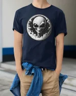 Alien Moon Graphic T-Shirt Cosmic UFO Space Sci-Fi Tee - model wearing navy tee with hands in pockets