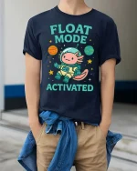 Float Mode Activated Axolotl Astronaut T-Shirt Cute Space Tee - model wearing navy tee with hands in pockets