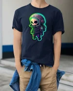 Neon Skull Astronaut T-Shirt Cute Space Sci-Fi Graphic Tee - model wearing navy tee with hands in pockets
