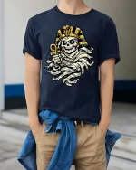 Pharaoh Skull Mummy T-Shirt Egyptian Horror Graphic Tee - model wearing navy tee with hands in pockets