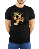 Funny Cartoon Dog Shadow Fight T-Shirt Cute Comic Graphic Tee - model wearing black tee with hands behind back