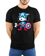 Superhero Dog Cartoon T-Shirt Funny Comic Hero Pup Tee - model wearing black tee with hands behind back