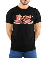 Funny Fighting Pigs Cartoon T-Shirt Cute Farm Animal Comic Tee - model wearing black tee with hands behind back