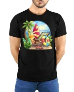 Tropical Beach Vacation T-Shirt Summer Surf Paradise Graphic Tee - model wearing black tee with hands behind back
