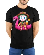 Funny Clown Summer Vacation T-Shirt Flamingo Pool Party Tee - model wearing black tee with hands behind back