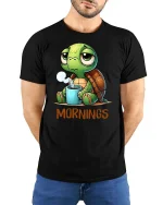 Funny Morning Turtle Coffee T-Shirt Cute Lazy Mood Tee - model wearing black tee with hands behind back