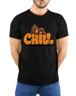 Chill Sleeping Bear T-Shirt Cute Relaxing Mood Graphic Tee - model wearing black tee with hands behind back