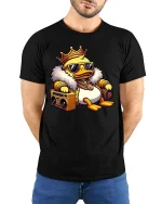 Cool King Duck Boombox T-Shirt Funny Hip Hop Cartoon Tee - model wearing black tee with hands behind back