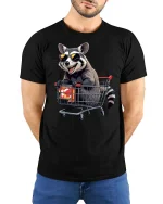 Cool Raccoon Shopping Cart T-Shirt Funny Trash Panda Tee - model wearing black tee with hands behind back