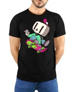 Skull Skater Cartoon T-Shirt Cool Skateboard Streetwear Tee - model wearing black tee with hands behind back