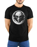 Alien Moon Graphic T-Shirt Cosmic UFO Space Sci-Fi Tee - model wearing black tee with hands behind back