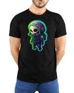 Neon Skull Astronaut T-Shirt Cute Space Sci-Fi Graphic Tee - model wearing black tee with hands behind back