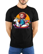 Cute Horror Doll Unicorn Float T-Shirt Funny Dark Humor Tee - model wearing black tee with hands behind back