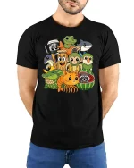 Cute Animal Friends Cartoon T-Shirt Funny Kids Style Graphic Tee - model wearing black tee with hands behind back