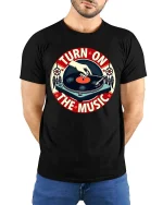 Turn On The Music Vintage Vinyl Record T-Shirt Retro DJ Tee - model wearing black tee with hands behind back