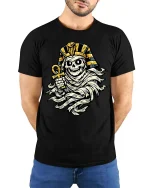 Pharaoh Skull Mummy T-Shirt Egyptian Horror Graphic Tee - model wearing black tee with hands behind back