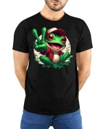 Peace Frog Cartoon T-Shirt Funny Cute Amphibian Graphic Tee - model wearing black tee with hands behind back