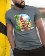 Tropical Beach Vacation T-Shirt Summer Surf Paradise Graphic Tee - model wearing grey tee, leaning on column