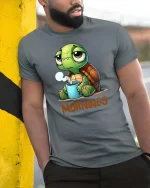 Funny Morning Turtle Coffee T-Shirt Cute Lazy Mood Tee - model wearing grey tee, leaning on column